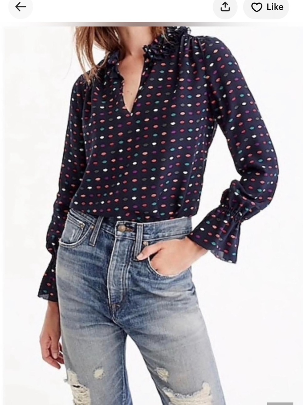 JCrew 100% Silk Ruffle Neck Blouse with Lips Print